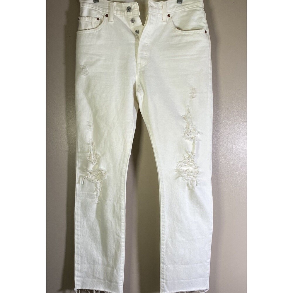 Levis 501 Distressed White High-Rise Jeans Size W30 L30 Vintage Inspired